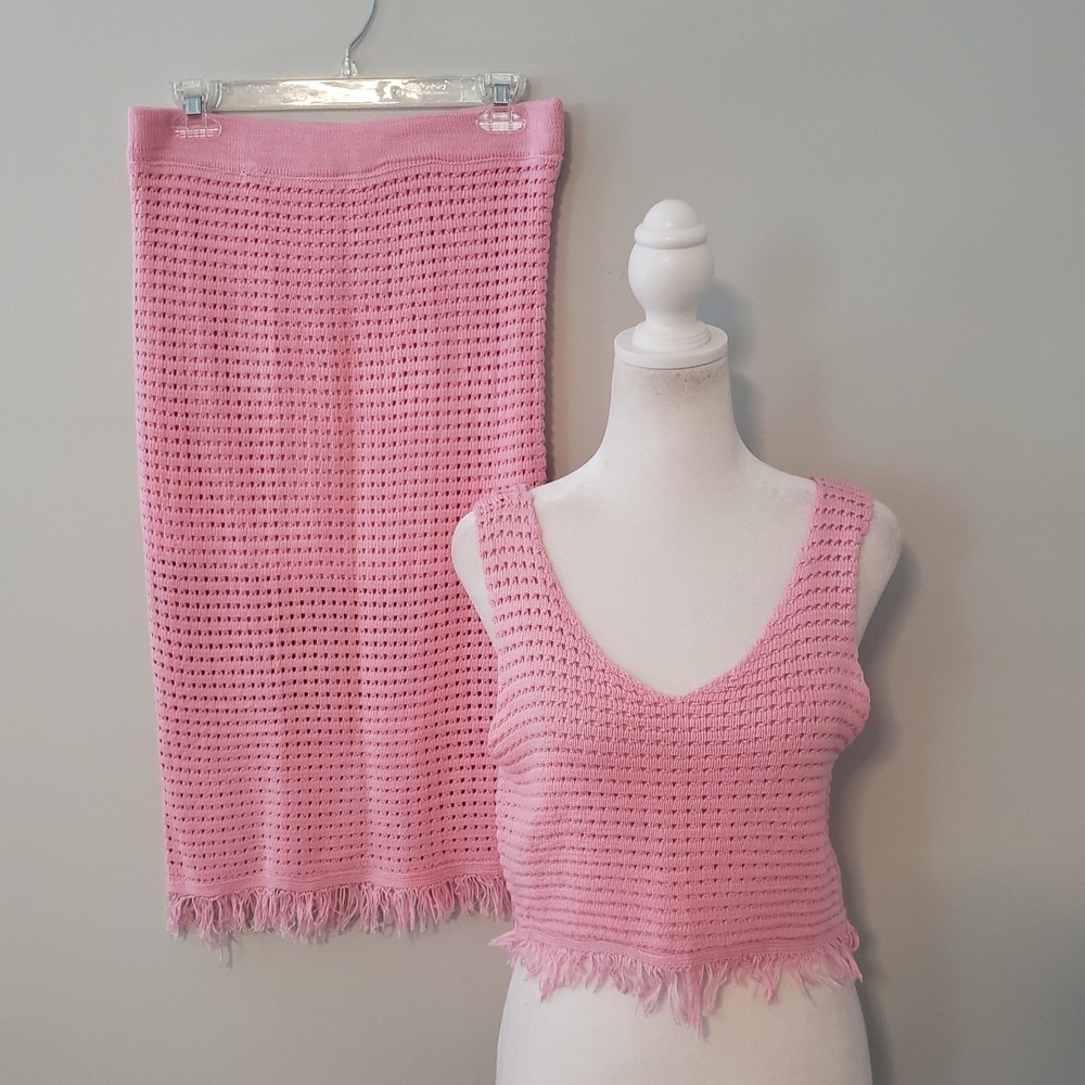 Novelle Fashion Open Knit Skirt & Tank‎ Top Set LARGE Y2K Coastal Resort Boho